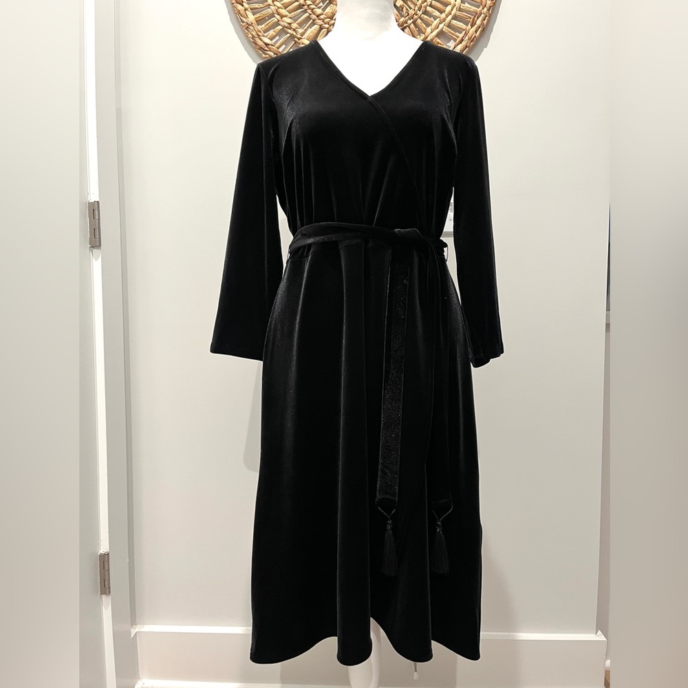 Black Velvet Faux Wrap Dress With Tassel Belt - Small